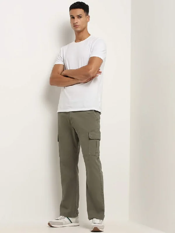 WES Casuals Olive Cotton Blend Cargo-Style Relaxed Fit Pants