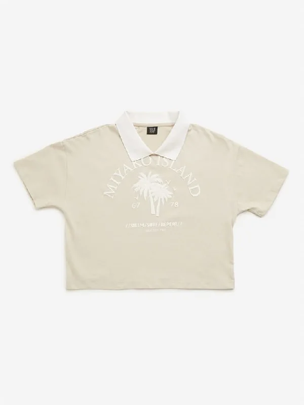 Y&F Kids Beige Text Design Polo Crop T-Shirt