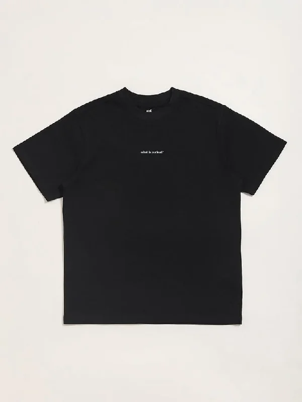 Y&F Kids Black Printed Ribbed T-Shirt