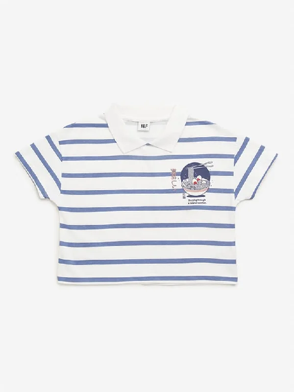 Y&F Kids Blue Stripes Printed Polo Crop T-Shirt